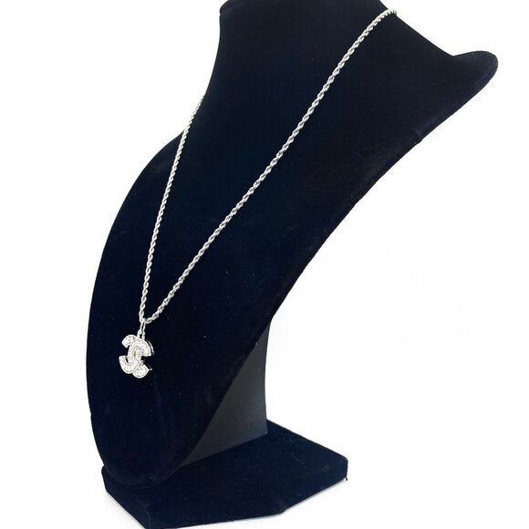 Authentic CHANEL CC Rhinestone Charm Pendant Necklace Silver Chain - Picture 4 of 9